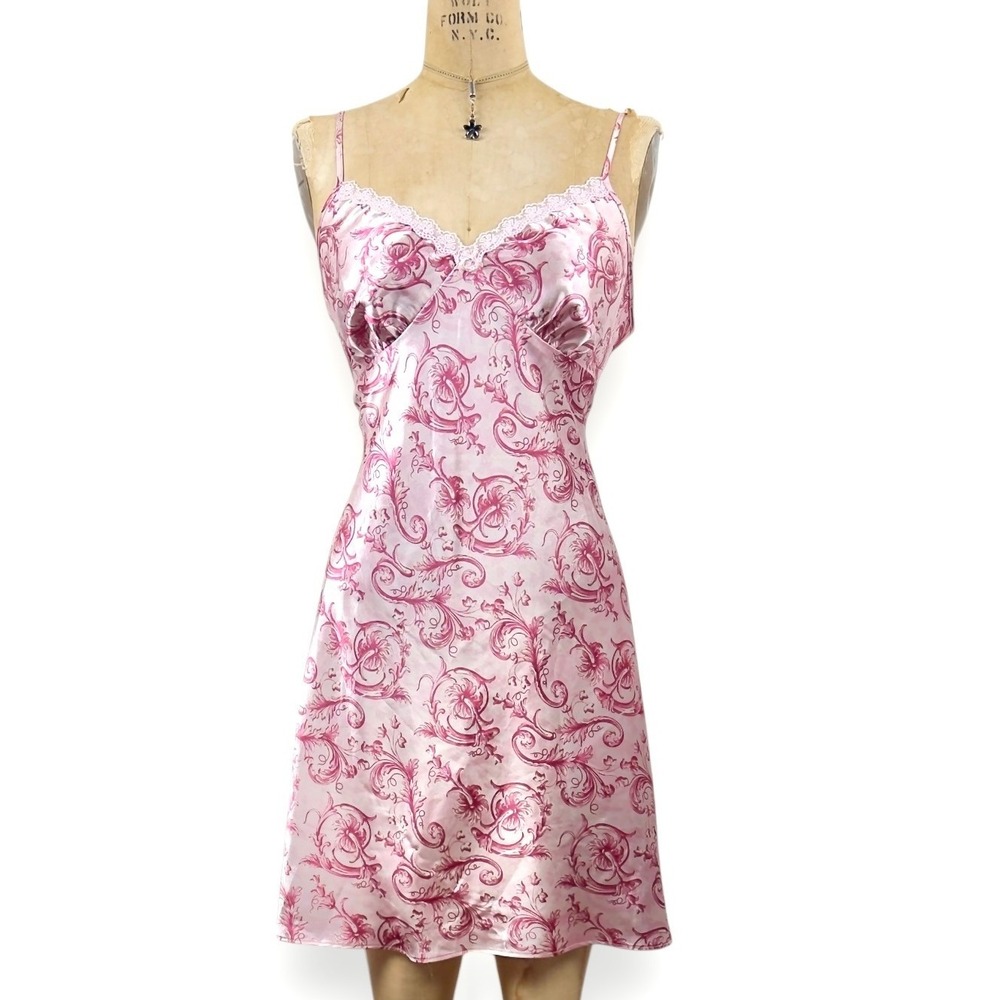 2000s Coquette Pink Paisley Slip‎ Dress Size L Romantic Boudoir Lace Balletcore